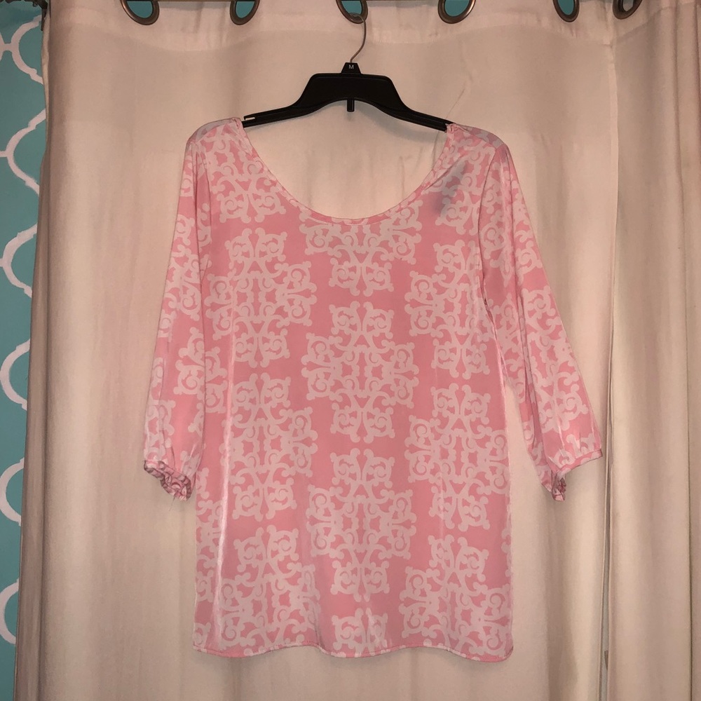 Wide Neck Pink + White Printed Top w/ Bow on Back